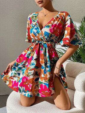 Summer Elegant Lady Floral Print Cross Neck Belted Dress